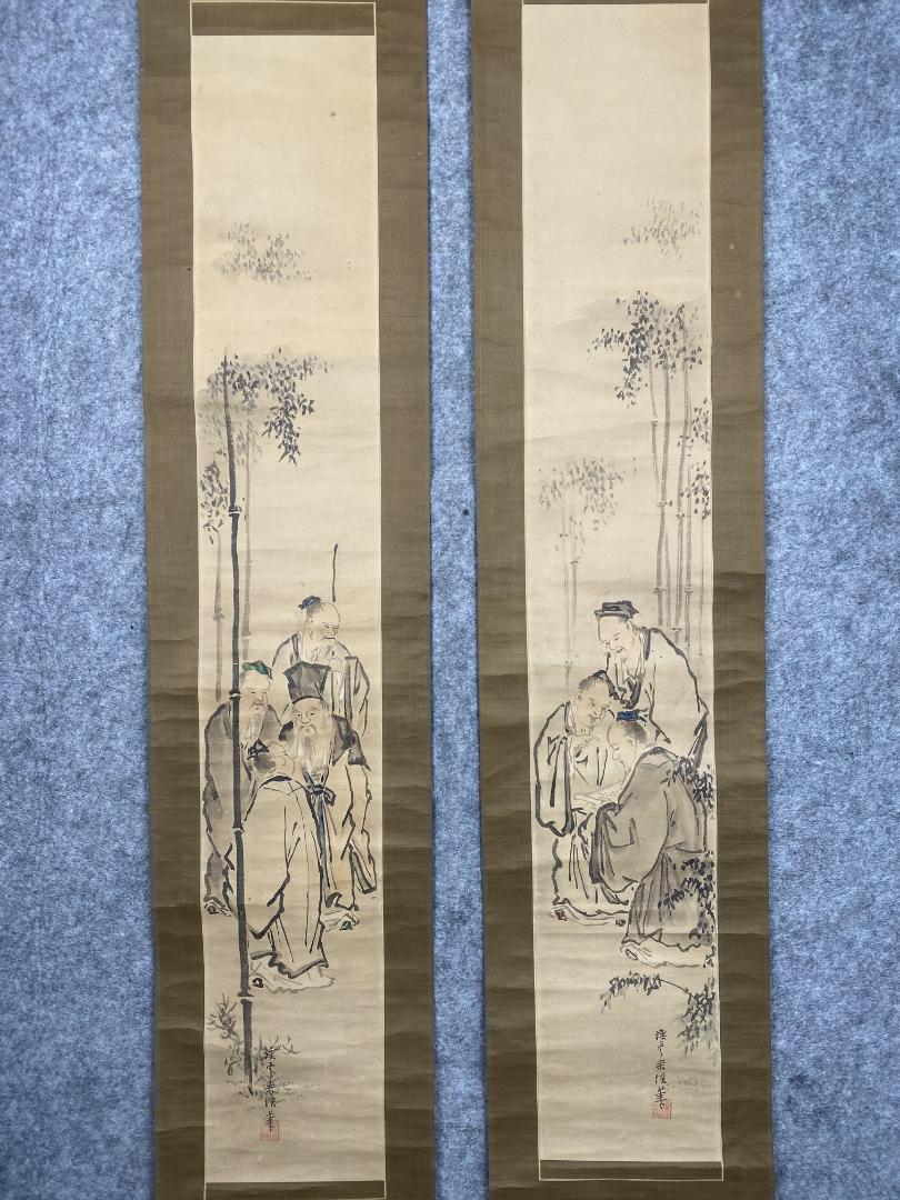 狩野渓雲来信 狩野来信【模写】竹林七賢図 双幅 幕府御用 掛軸24120319 狩野渓雲来信 狩野来信【模写】竹林七賢図 双幅 幕府御用 掛軸