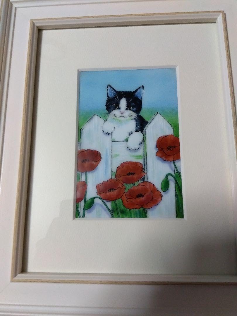 猫　ハチワレ　白黒　イラスト　絵画　七宝焼　七宝アート　七宝絵画　額縁 猫 額縁 ハチワレ 白黒 子猫 花 七宝焼き 絵画（おちょぴ en