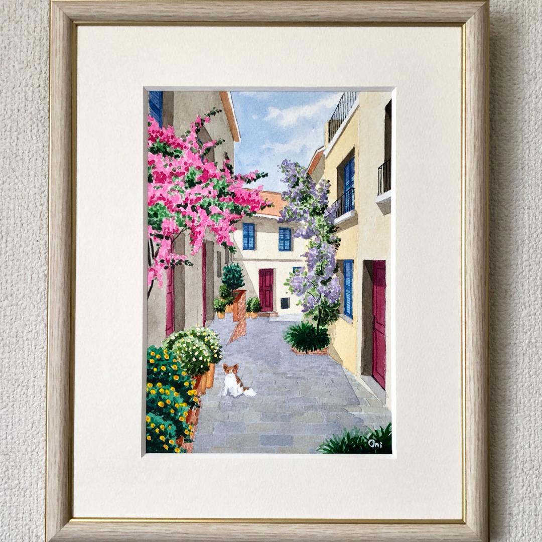 アクリル画　原画　「花の咲く路地10」額縁付　SMサイズ 透明水彩画 原画 「花の咲く路地04」額縁付 SMサイズ （DAY3