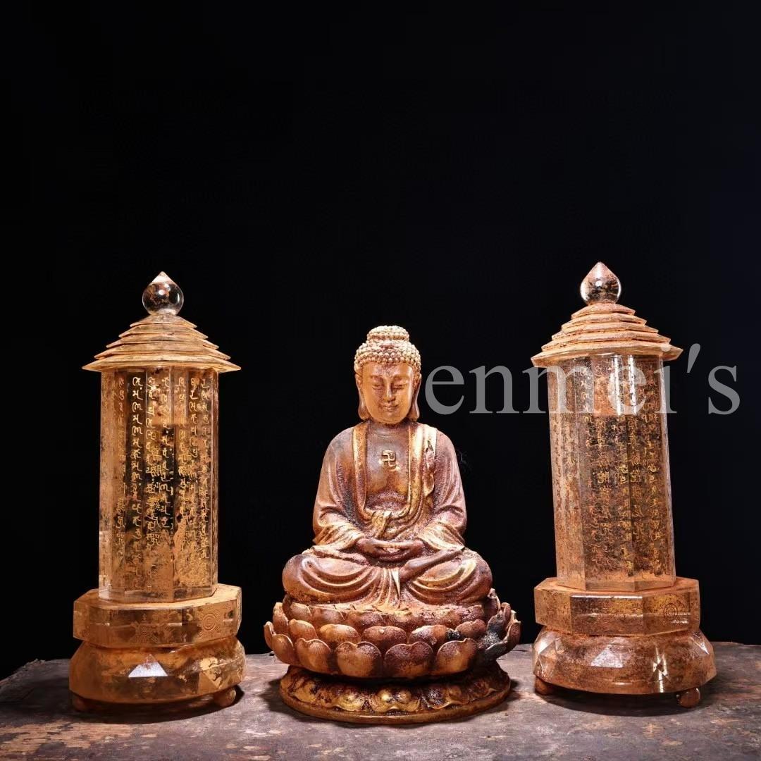 中国古美術·古水晶彫刻款・描金・釈迦牟尼仏祖 舍利塔 セット