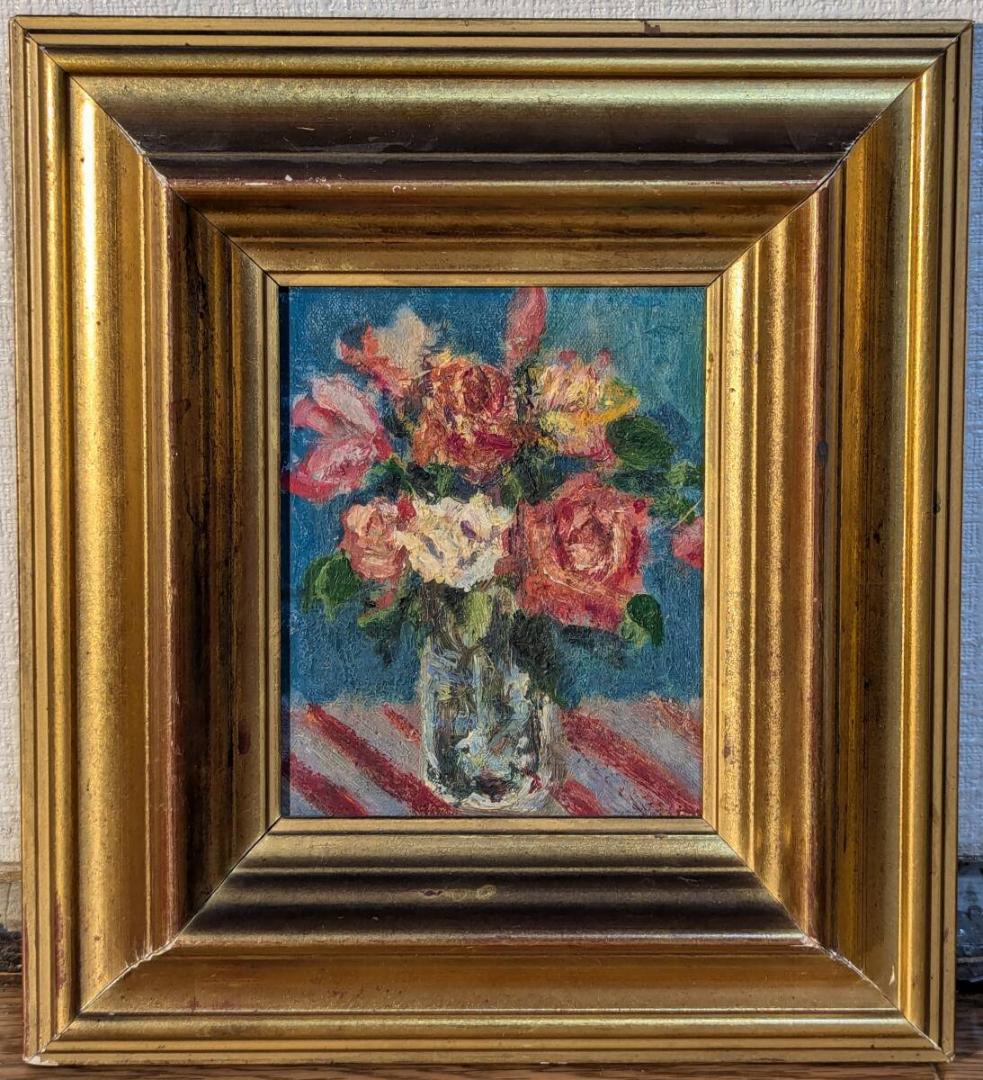 【真作】絵画　油彩　ばら　色とりどりの花が彩る心に咲くひととき　T181 真作】絵画 油彩 ばら 色とりどりの花が彩る心に咲くひととき