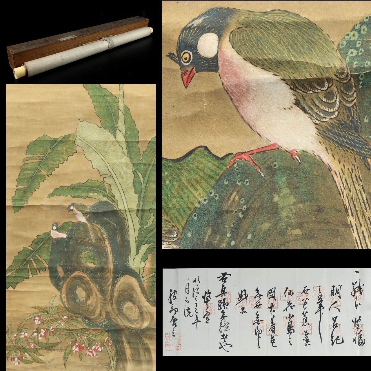 中国,南唐の掛軸 激安骨董品 肉筆保証 博物館保管品 BD306A12-2 明時代 呂紀 「花鳥図」 肉筆紙本掛軸 共箱 唐物 中国画 唐物