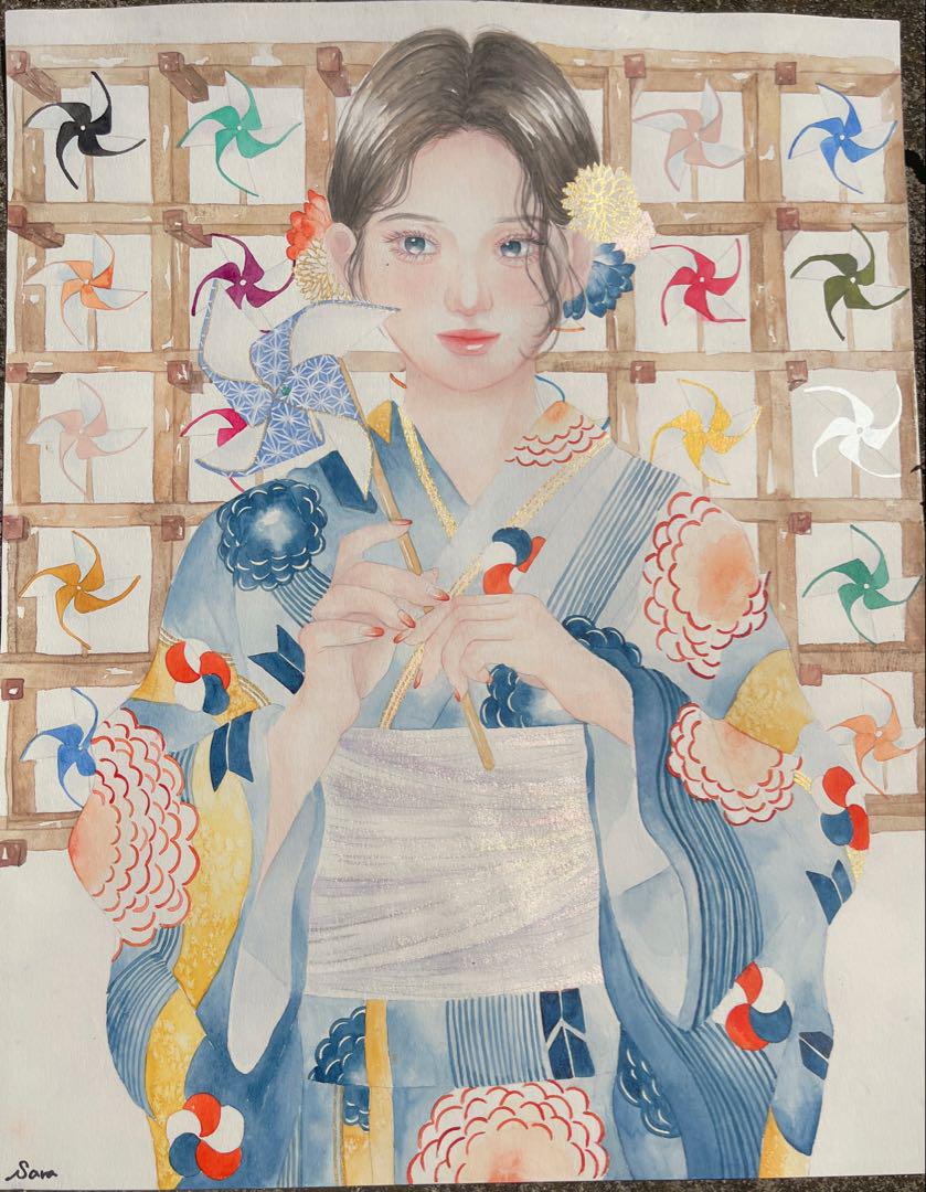 水彩画　人物画　日本画　手書きイラスト　着物　日傘　レース　女の子　浴衣　肉筆 定番のお歳暮＆冬ギフト 手書きイラスト 日本画 人物画 水彩画