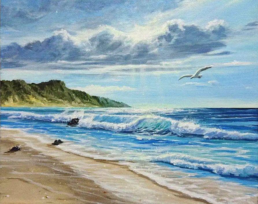 真冬の海②】アクリル画 F3 風景画 絵画 海の絵（夕日の海と