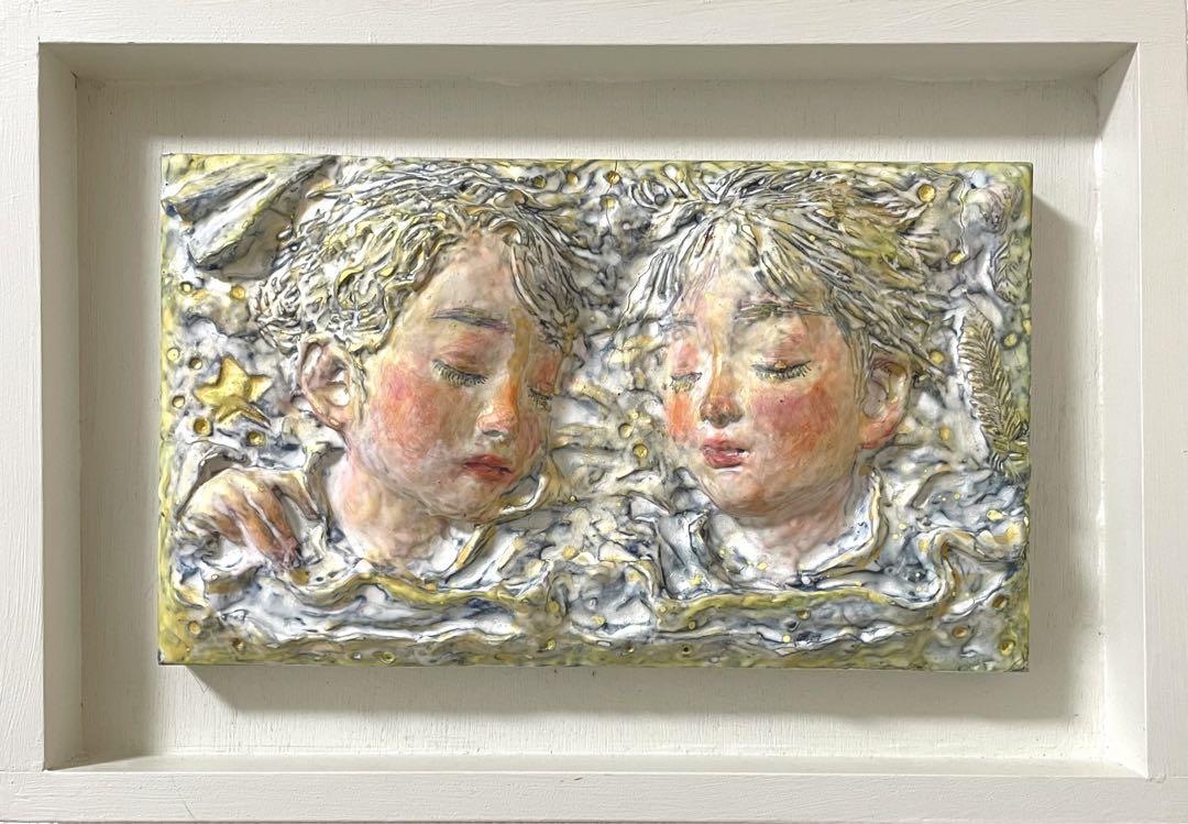 アート作品 石粉粘土 日本画顔料 レリーフ 少年 人物像
