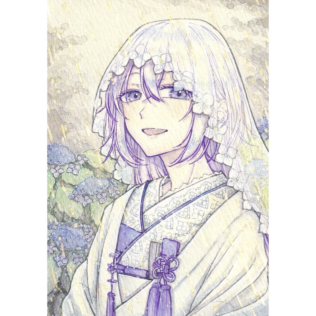 まとめ買いでお得 額付き】手描きイラスト オリジナル 創作 紫陽花 梅雨 白無垢 イラスト