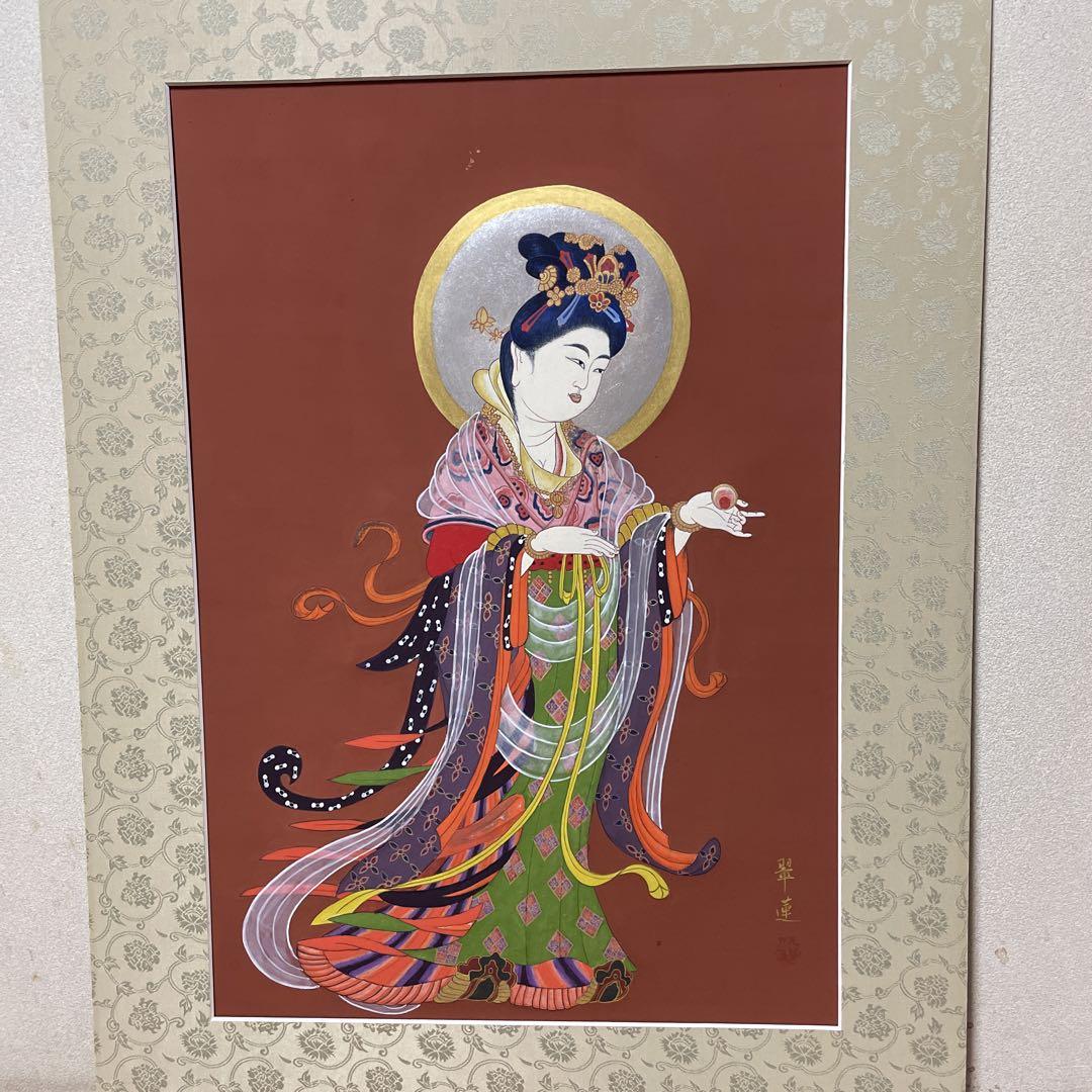 美品 掛け軸 小川伯堂作 蓮上観音像 厄除け 仏画 年中掛け 掛軸 (掛け軸) 蓮上観音 小川伯堂 尺五立 約横54.5×縦190cm