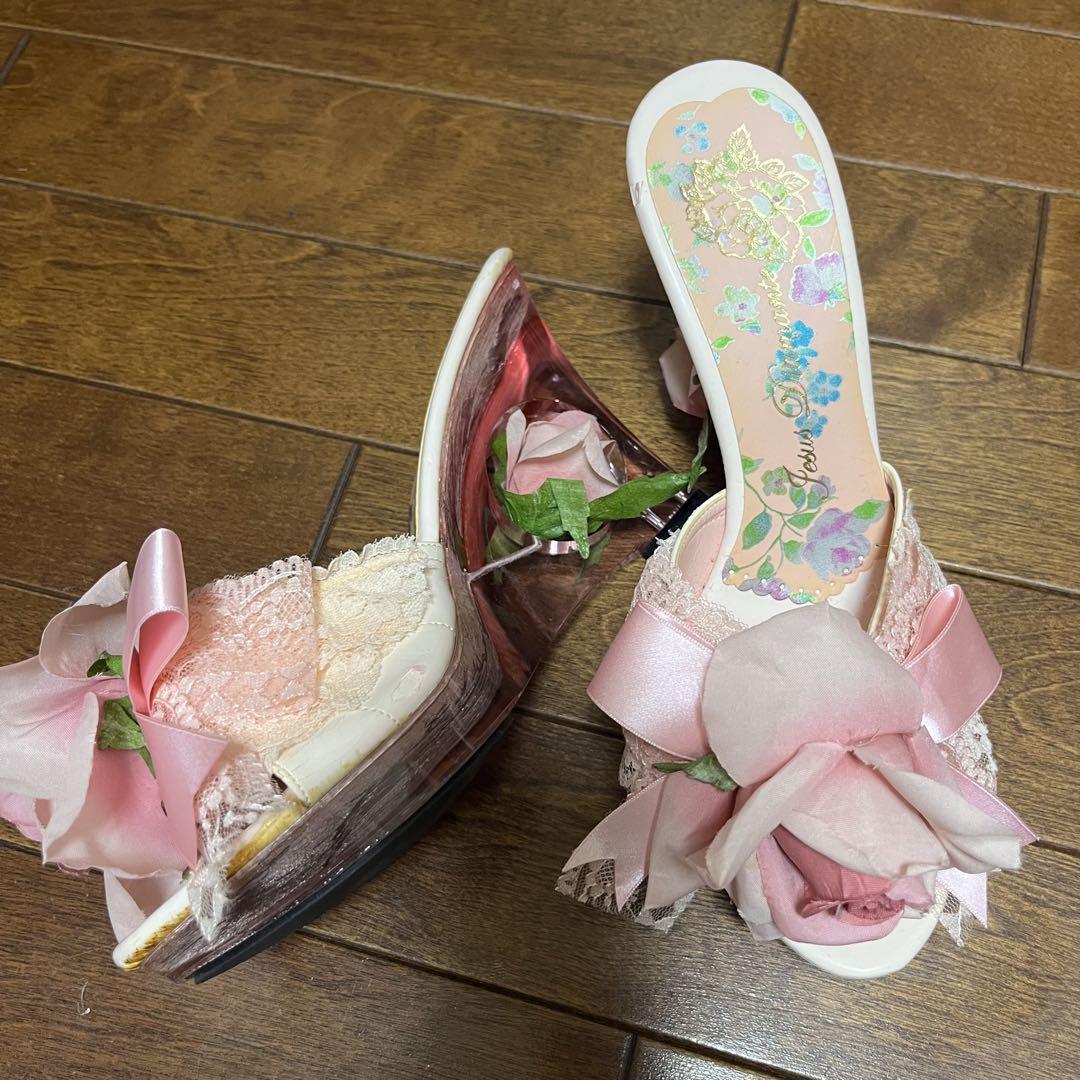 ☆Jesus Diamante薔薇ロゥウェッジミュール・薔薇ライトピンク未使用☆ JESUS DIAMANTE ジーザスディアマンテ クリアウェッジ ミュール