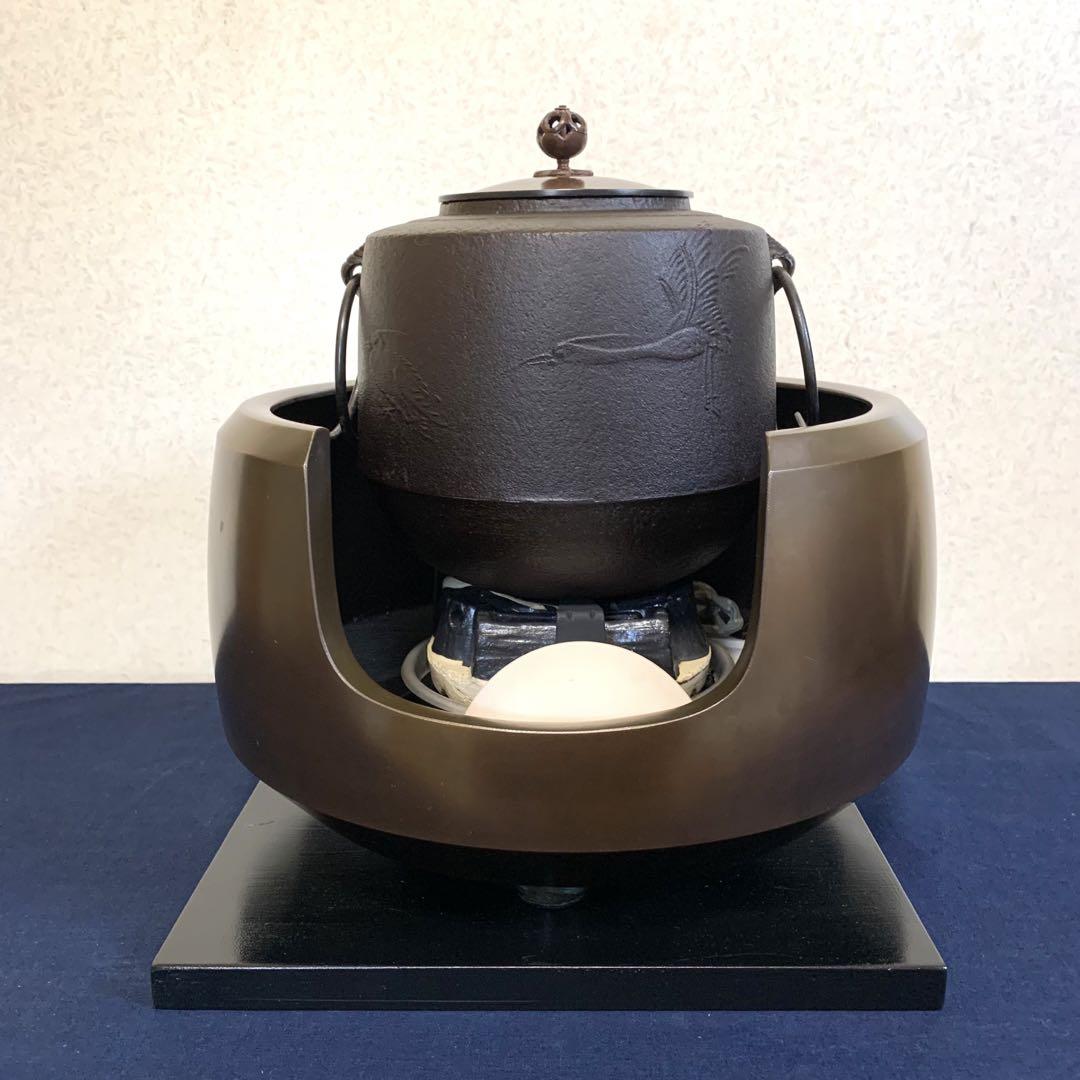美品 茶道具 唐銅大西風炉 野々田電熱器 佐藤浄清造 鶴首釜 底瓦 敷板 元箱 風炉 炉釜 電熱器 唐銅面取風炉 肩衛釜 野々田電熱器
