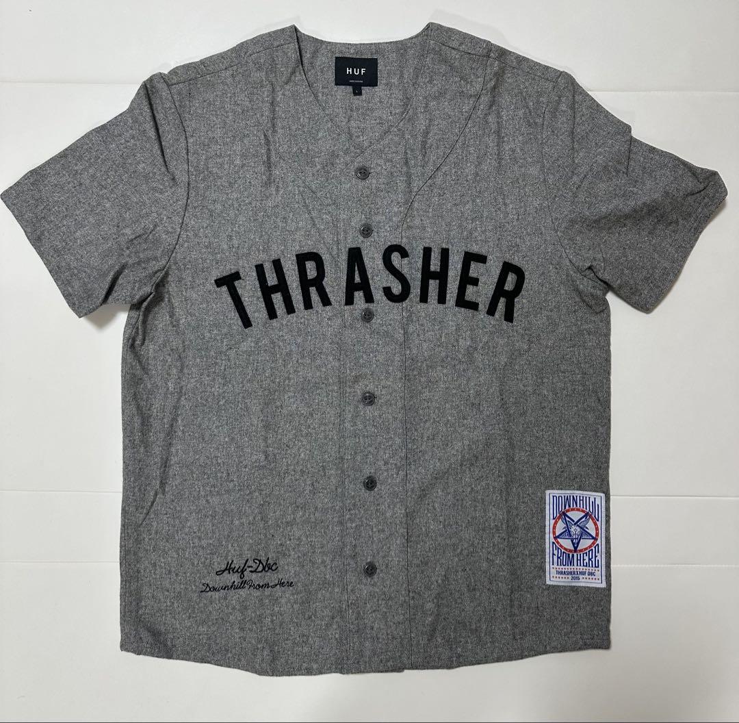 HUF THRASHER ボタン付きシャツ グレー　Lサイズ HUF×THRASHER VINTAGE BASEBALL JERSEY ベースボールシャツ|HUF