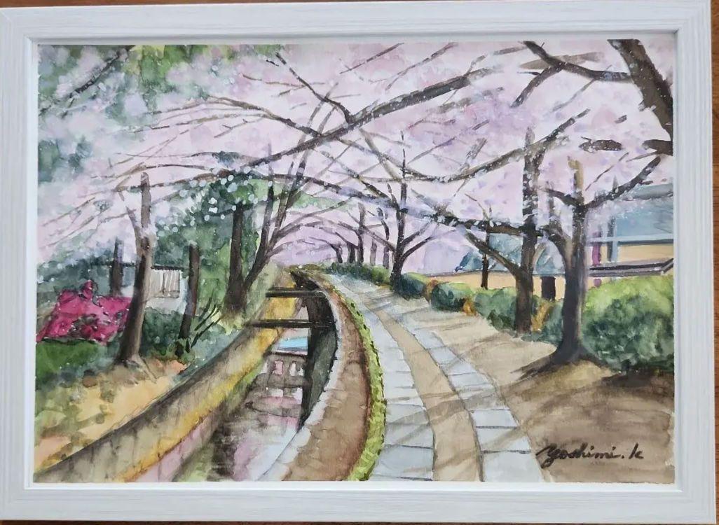 都市の風景 水彩画 木製フレーム　アンティーク　絵画　レトロ 刺繍画 風景画 船と山 木製フレーム付き 刺繍アート 湖畔 山水図