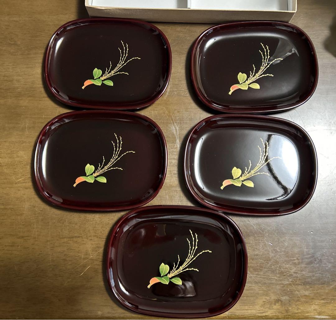 漆器 銘々皿 角皿 小皿 5枚 （銘々皿、角皿、グリーン、花柄