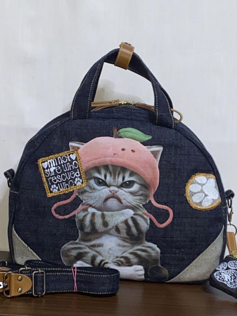 ☆ハンドメイド☆岡山デニム☆トラ猫☆ステンシル☆4wayボストンバッグ ☆ハンドメイド☆岡山デニム☆トラ猫☆ステンシル☆4wayボストン