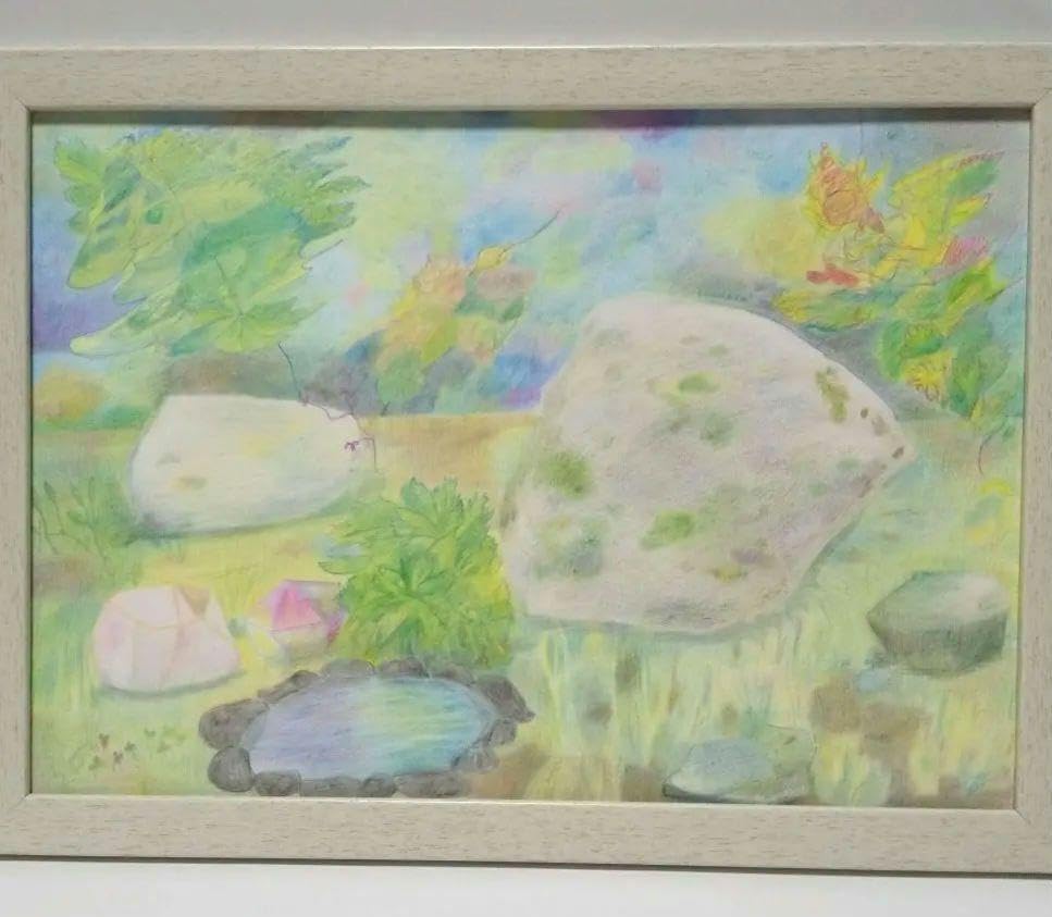 色鉛筆アート 風景画 岩 池 木（色鉛筆画家 林 - 雨の風景 第14