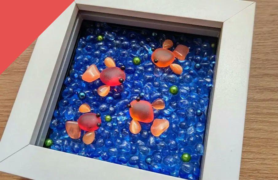 シーグラスアート☆金魚すくい楽しかったね…♡☆ シーグラスアート 金魚とヨーヨー 吹き飛ば