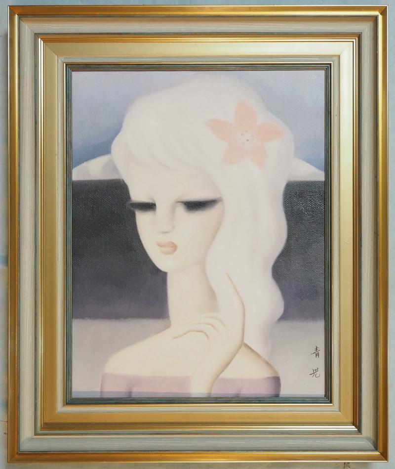 値下げ】人物画 油絵 東郷青児 山と河 F6 額付き 手描き 肉筆