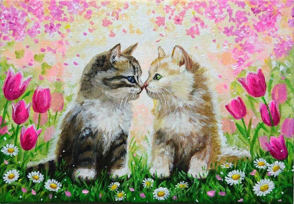 【子猫と桜】アクリル画 F3 風景画 絵画 猫の絵 子猫と桜】アクリル画 F3 風景画 絵画 猫の絵 子猫と桜】アクリル