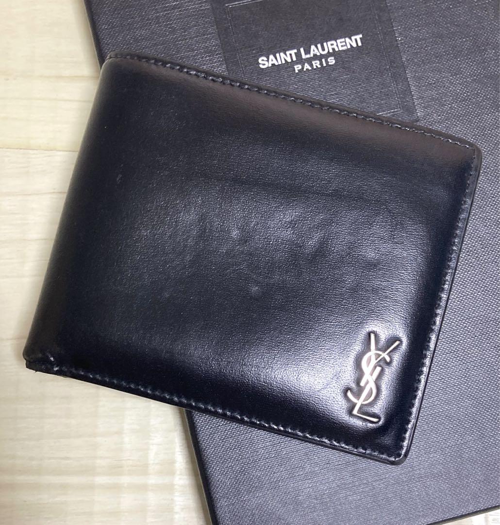サンローラン YSLロゴ 黒色 本革 二つ折り財布 コンパクト