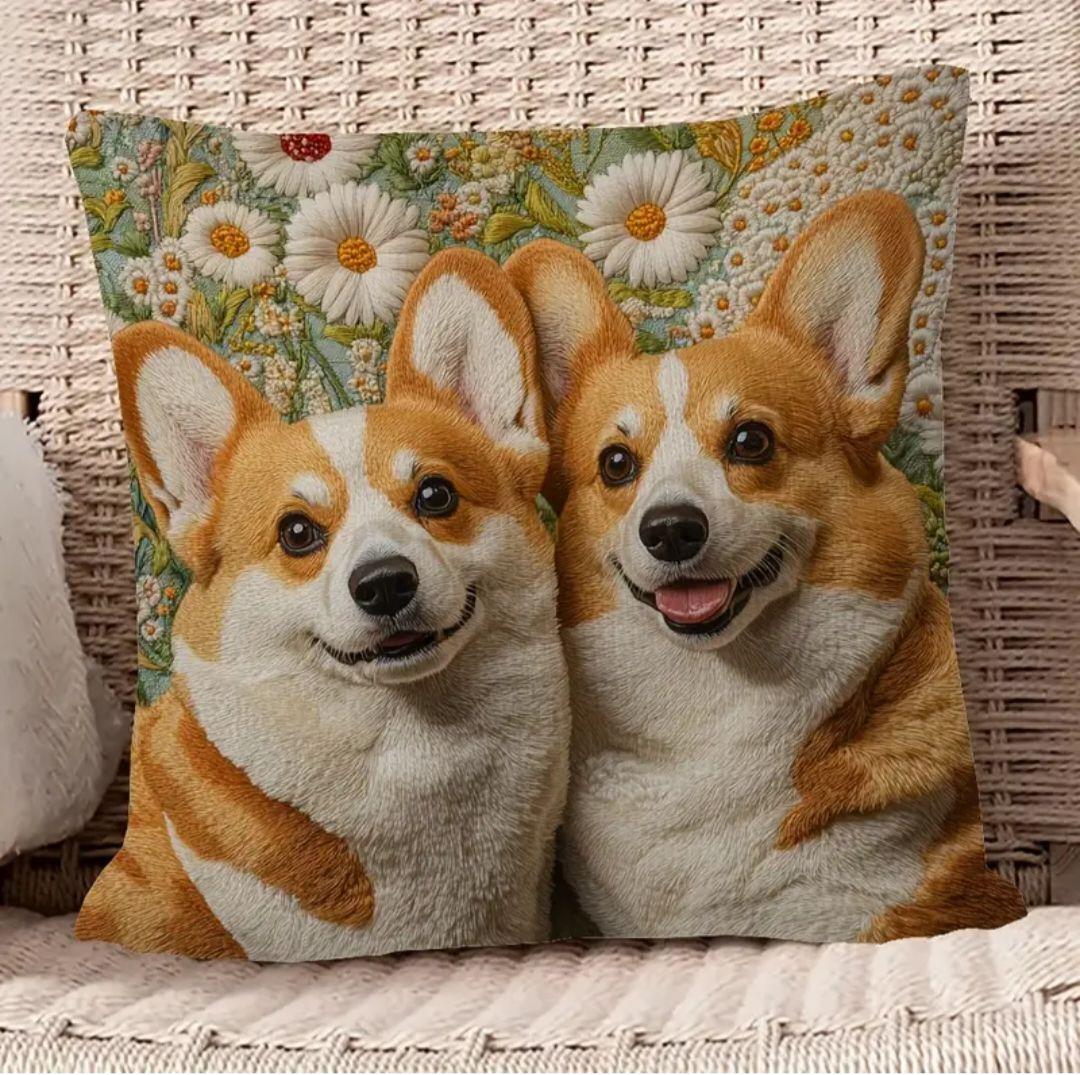 ⑧コーギー犬 刺繍風クッションカバー 片面プリント （新品 刺繍