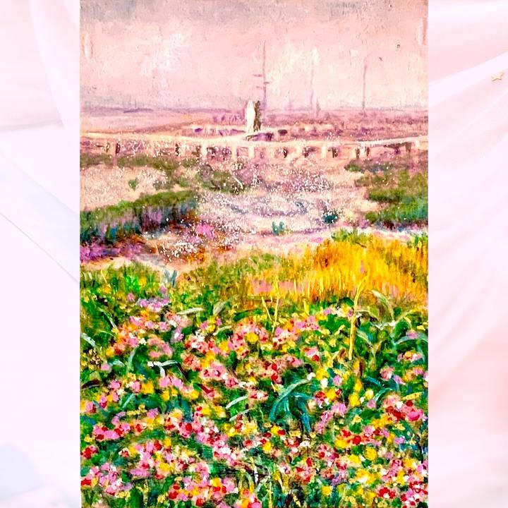 風景画 花の風景「釧路湿原」油彩画 木製フレーム付き 思い立て
