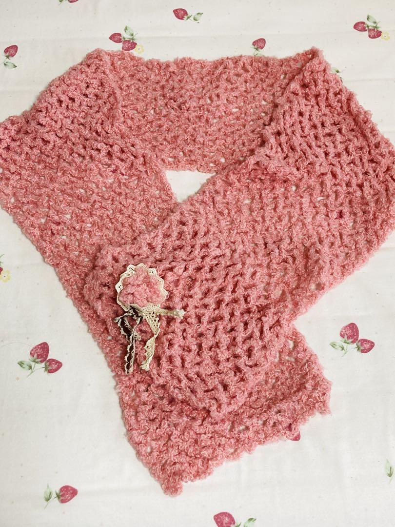 ハンドメイド かぎ編み ショール ピンク 毛糸 ストール 花