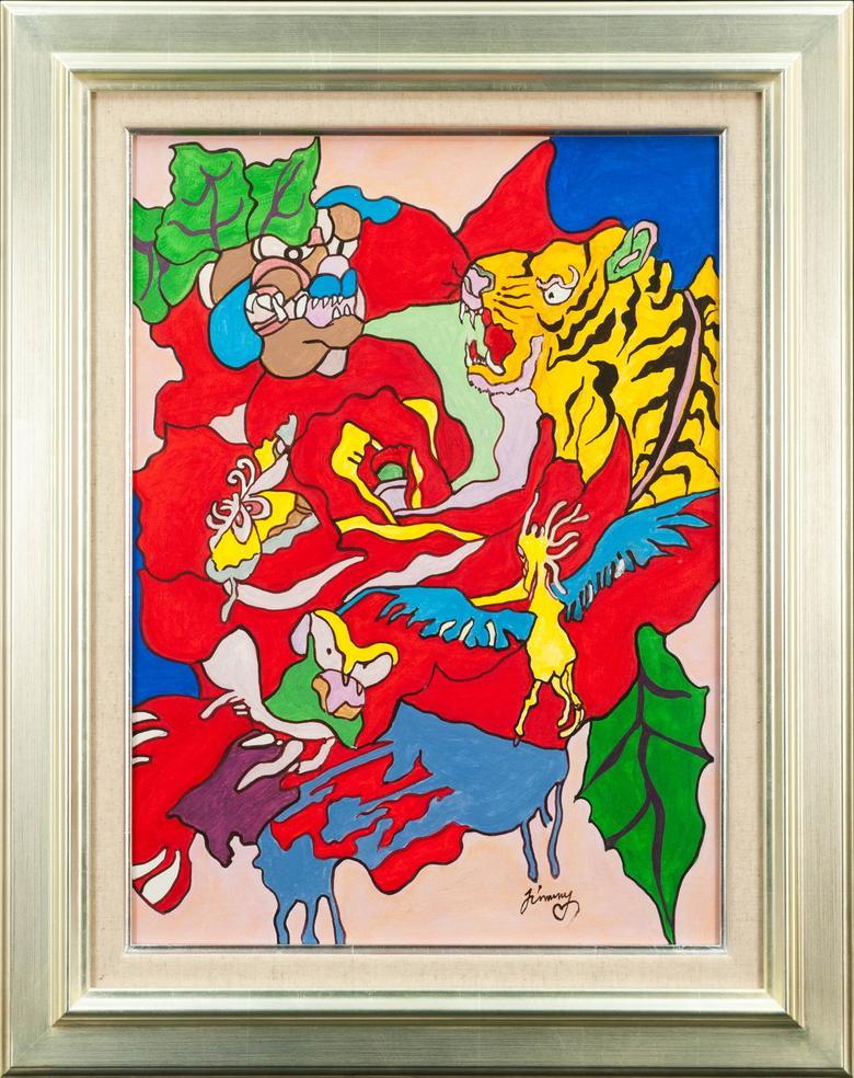 ジミー大西 jimmy 青龍 カラフル 絵画 肉筆 油彩画 百花繚乱 サイン有り 値下げ】抽象・静物画 油絵 ジミー大西 龍 M10 額付き 手描き