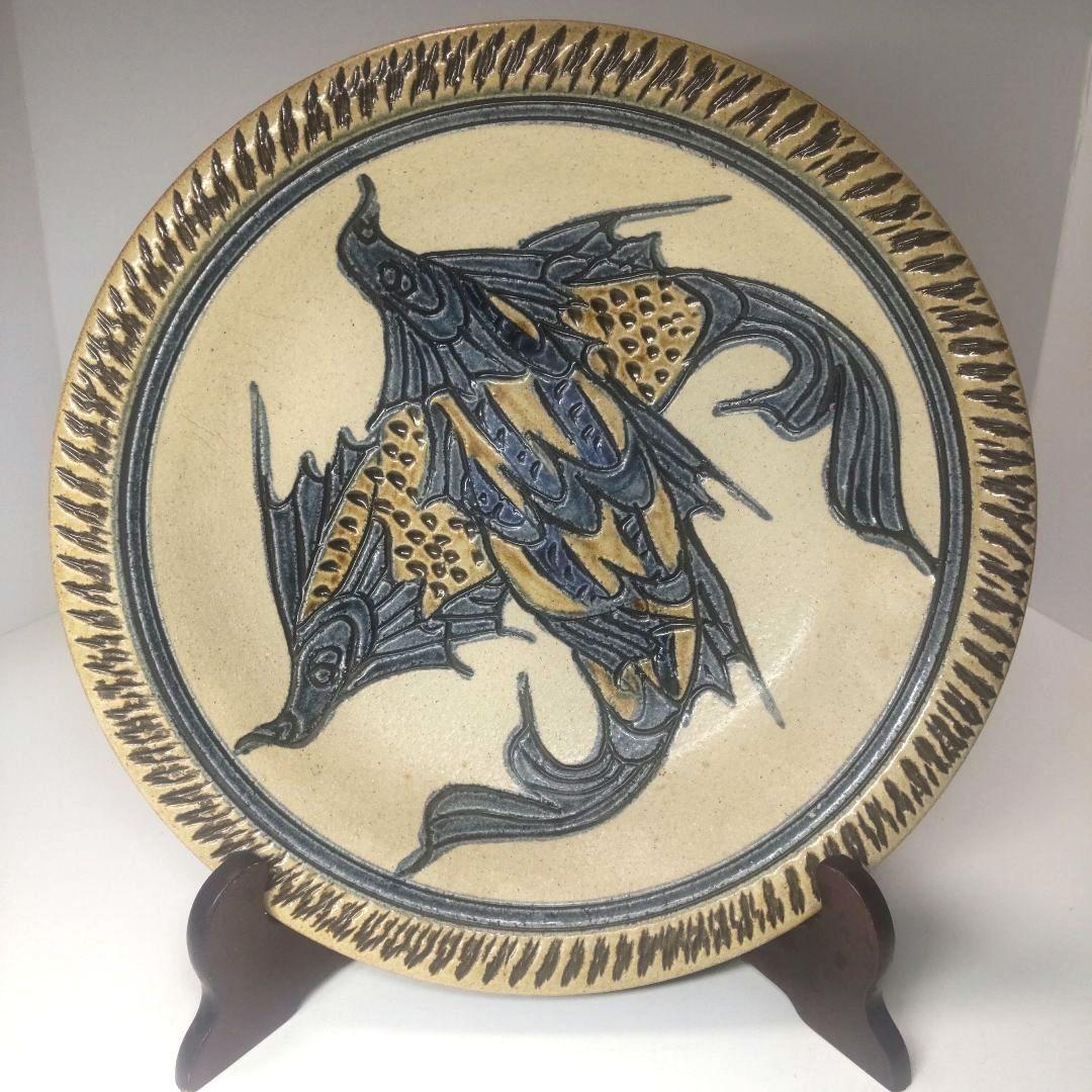 骨董美品 大型 やむちん 魚紋 大皿 飾り皿 壺屋焼 美品 皿立付き 157af6c2a9a80ccba221481a334cac