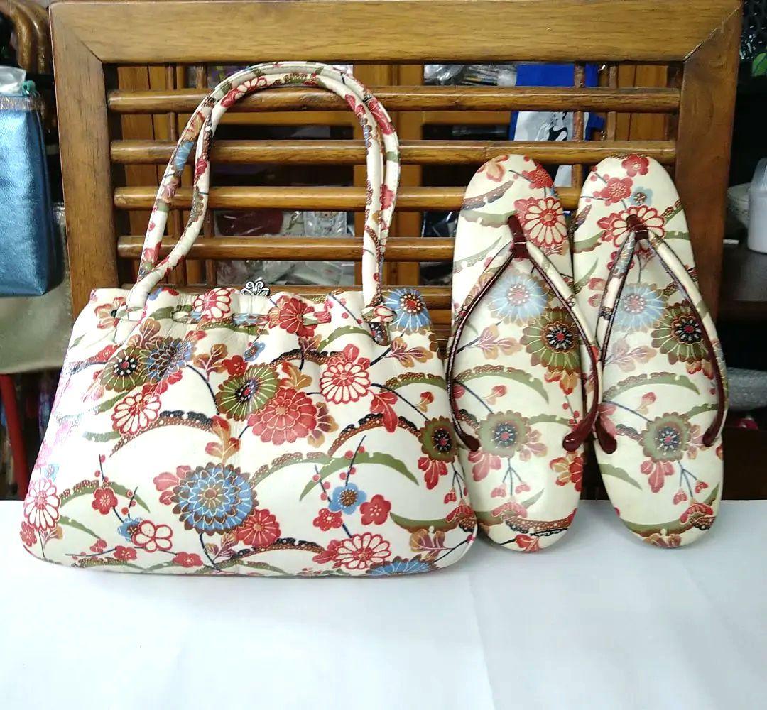 花柄 和装用バッグと草履 セット 牛革製 美品 がま口スタイル