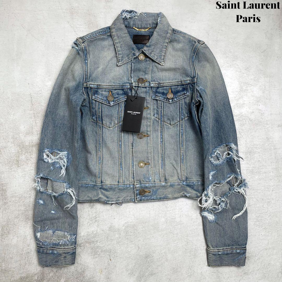 【新品】Saint Laurent デストロイ ダメージ デニム ジャケット サンローラン】セール！デニムジャケット ダメージ加工 (Saint