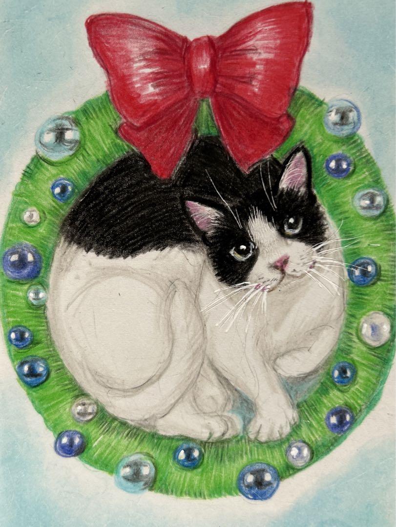 猫 絵画 子猫 イラスト 水彩色鉛筆 油彩色鉛筆 原画 クリスマス
