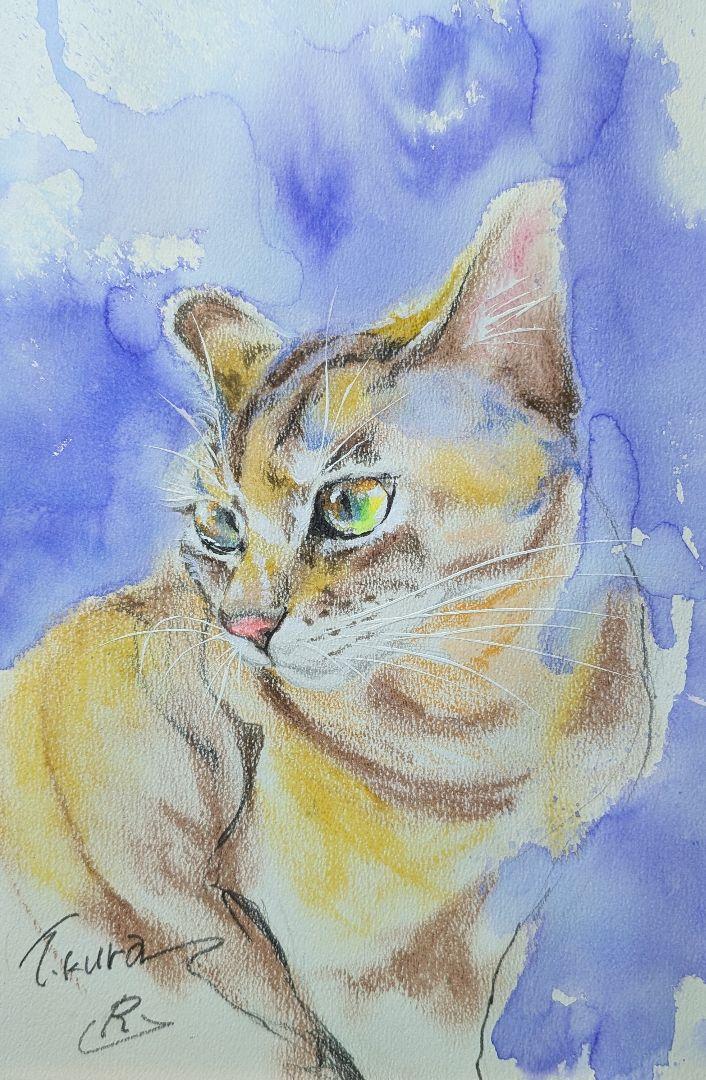 白猫　絵画　イラスト　ドローイング 猫 ねこ 原画 絵画 イラスト ドローイング ペット インテリア