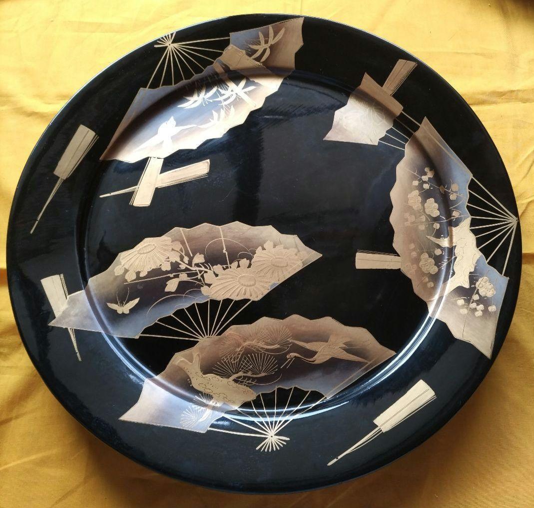 蔵出し大正レトロ 漆器 大皿 黒塗 金 蒔絵 扇面 アンティーク 41cm 大正レトロ】蔵出し 漆器 大皿 黒塗 金 蒔絵 扇面 アンティーク