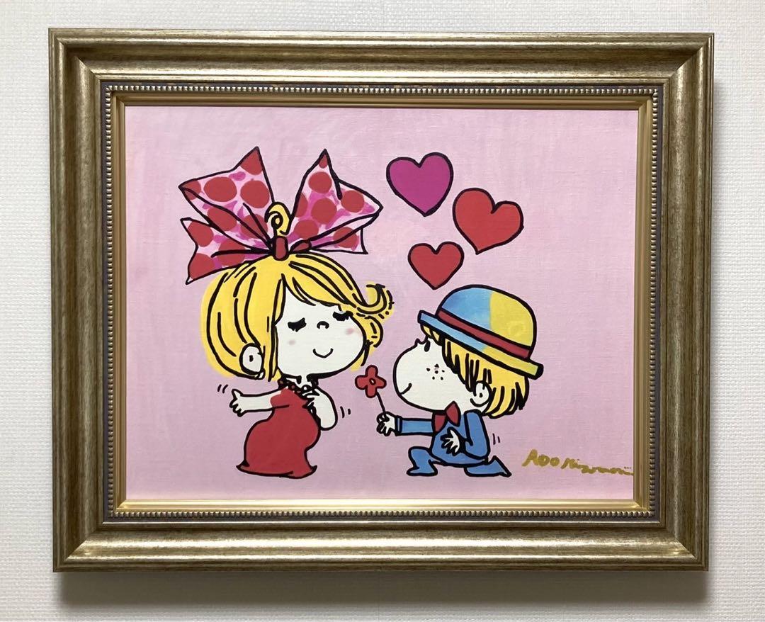 【F4号】水森亜土 ラブの贈り物/肉筆作品/表裏サイン有り/油彩/アクリル/絵画 F4号】水森亜土 【花々に包まれ少女】肉筆作品/表裏サイン有り