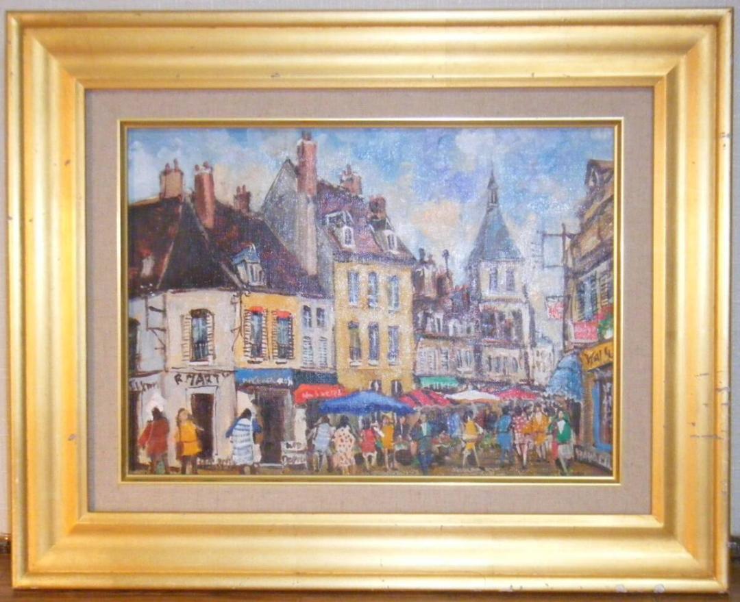 【真作】絵画　速水俊介　油彩4号　朝市のある街角　元新協委員　名品　R122 真作】絵画 速水俊介 油彩4号 朝市のある街角 元新協委員 名品
