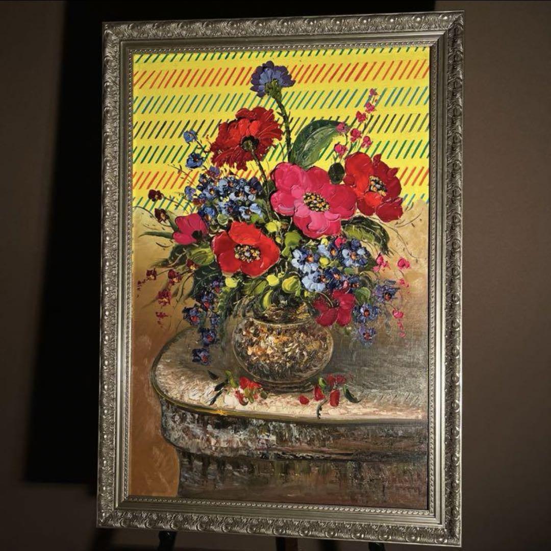 花瓶の花 絵画 インテリア 油彩画　花束 暖色系　手書き　肉筆　油絵　作品名不詳 花瓶の花 絵画 インテリア 油彩画 花束 暖色系 手書き 肉筆 油絵
