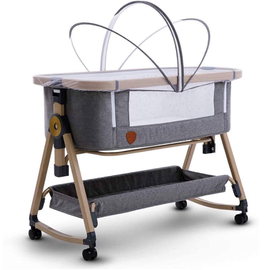 グレー ベビーベッド 下部収納付きplaykids 新品未使用（ベビー