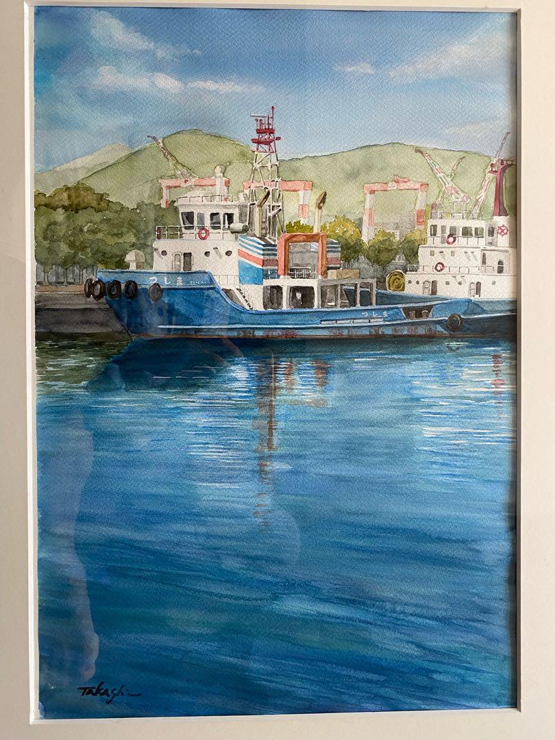 水彩画　出港前　カモメ　漁船　海　漁港　マーメイド紙　アート　インテリア　美術 水彩画 長崎港の絵 作業船の絵 透明水彩 絵画 マーメイド紙