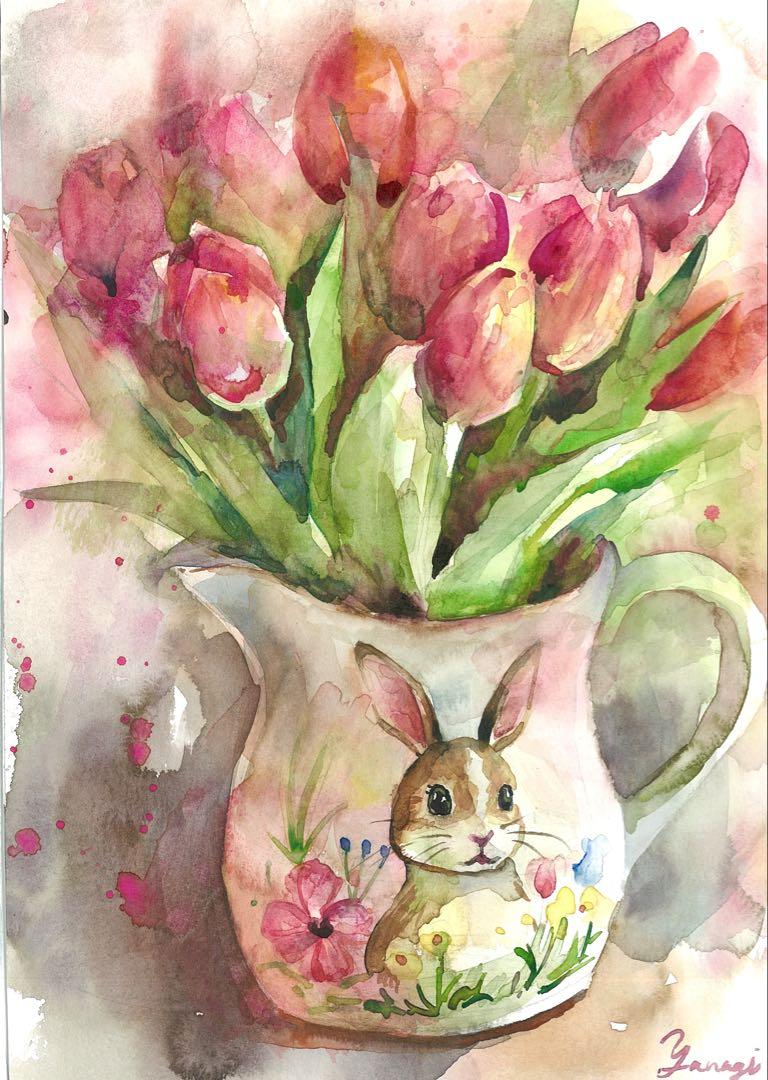 水彩画 原画 うさちゃんのかわいい花瓶（花の入った花瓶 水彩画
