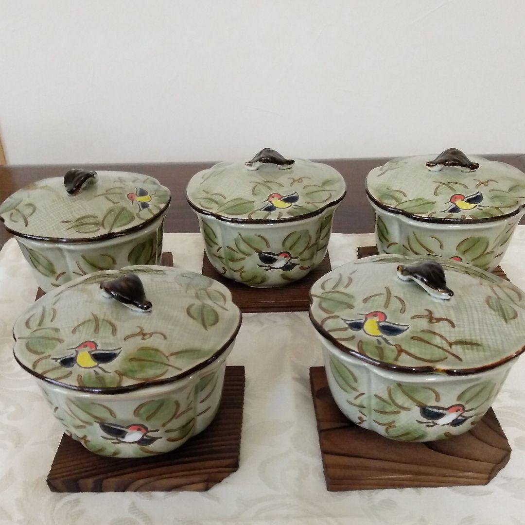 信楽焼　手描十草蒸し碗五客揃 染付手描麦わら手煎茶茶碗 向付 小鉢 5客組 麦わら手 Antique