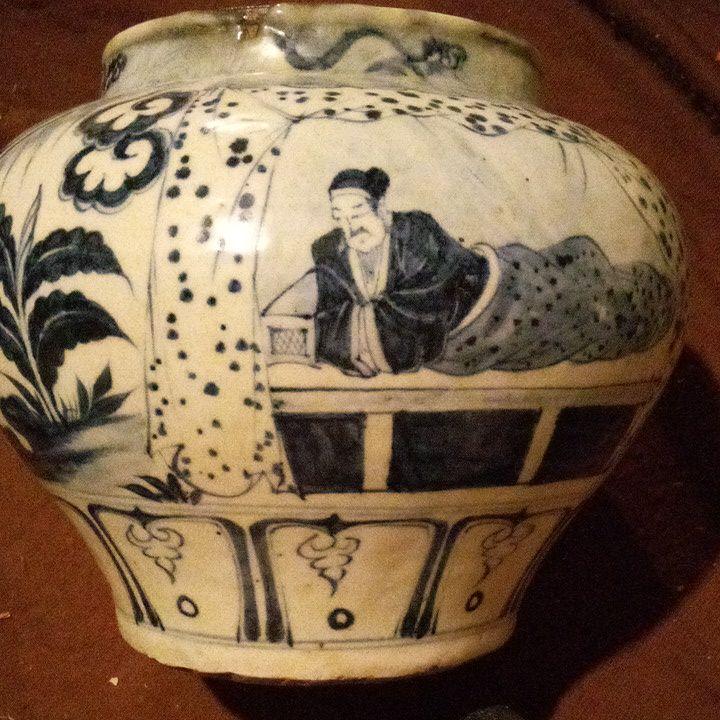 とし　中国陶磁器　元染　中壺 中国陶磁器 元染壺 人物 （唐物 磁器 元代 青花 蒙恬出征図 玉壺