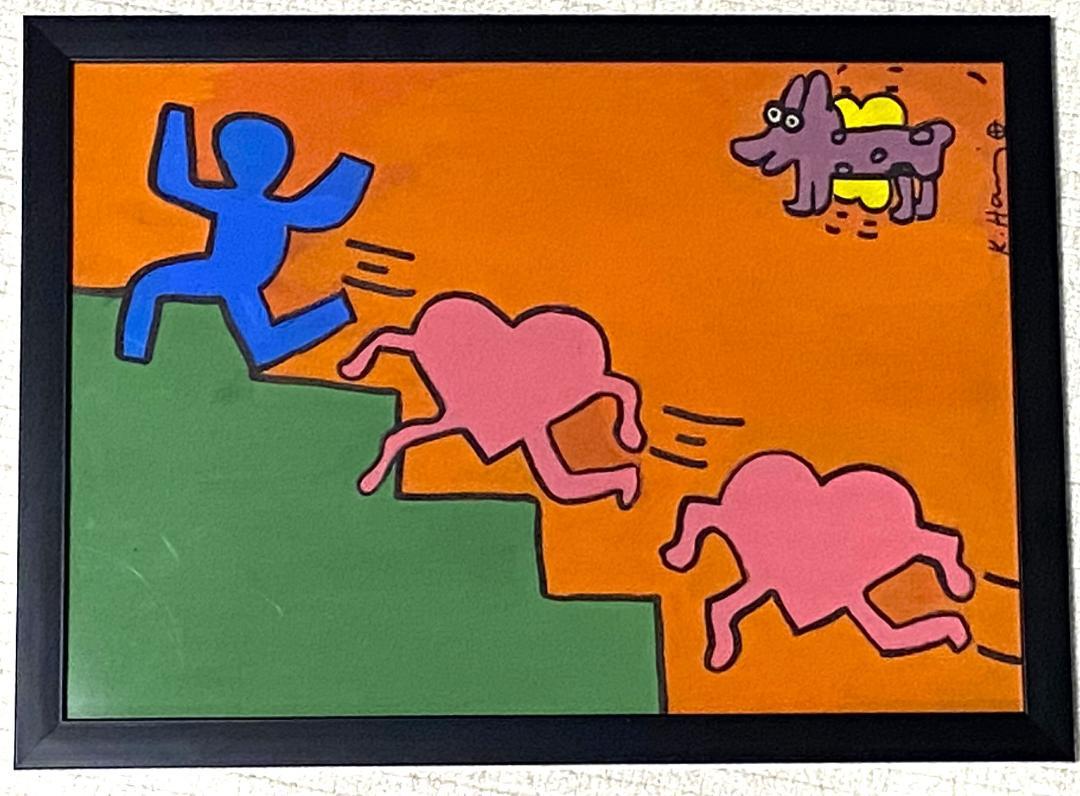模写】 額付き キース・ヘリング KEITH HARING 油彩 厚紙