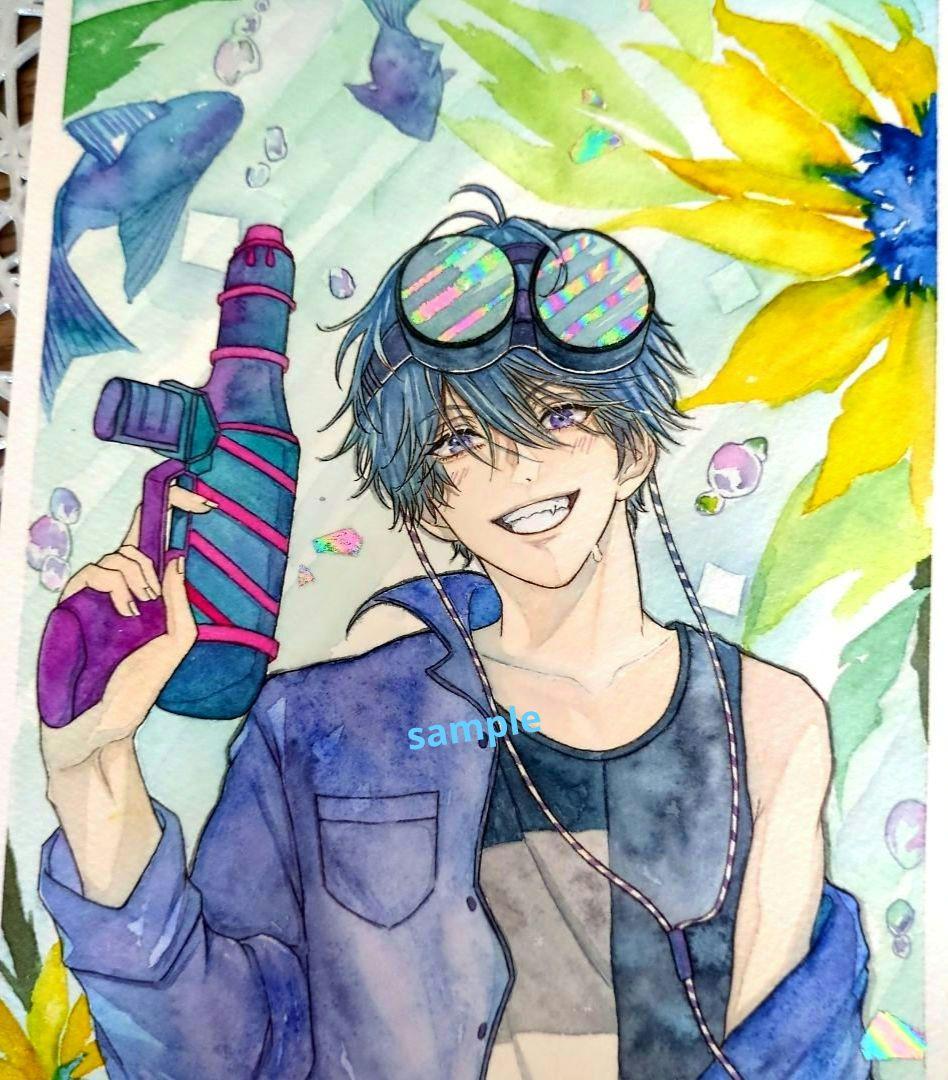 手描きイラスト✢創作水彩原画『夏の青』 ご専用♡手描きイラスト✢創作水彩原画『早朝歌う朝顔』 - メルカリ