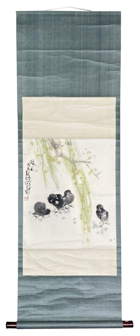 水墨画 掛け軸 鳥と植物の作品（水墨画 鳥と自然の巻物 絵画）