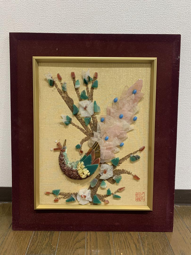 宝石画 貴石画 孔雀 花鳥 木製額 インテリア ディスプレイ オリエンタル アンティーク 鳥の天然石画 宝石画 貴石画 ストーン・アート
