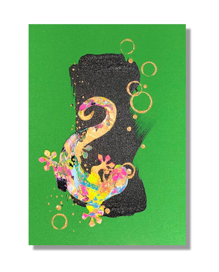 油絵　原画　一点物　生き物　トカゲ　グリーン　ポップ　キュート　アート　SM 油絵 原画 一点物 生き物 トカゲ グリーン ポップ キュート