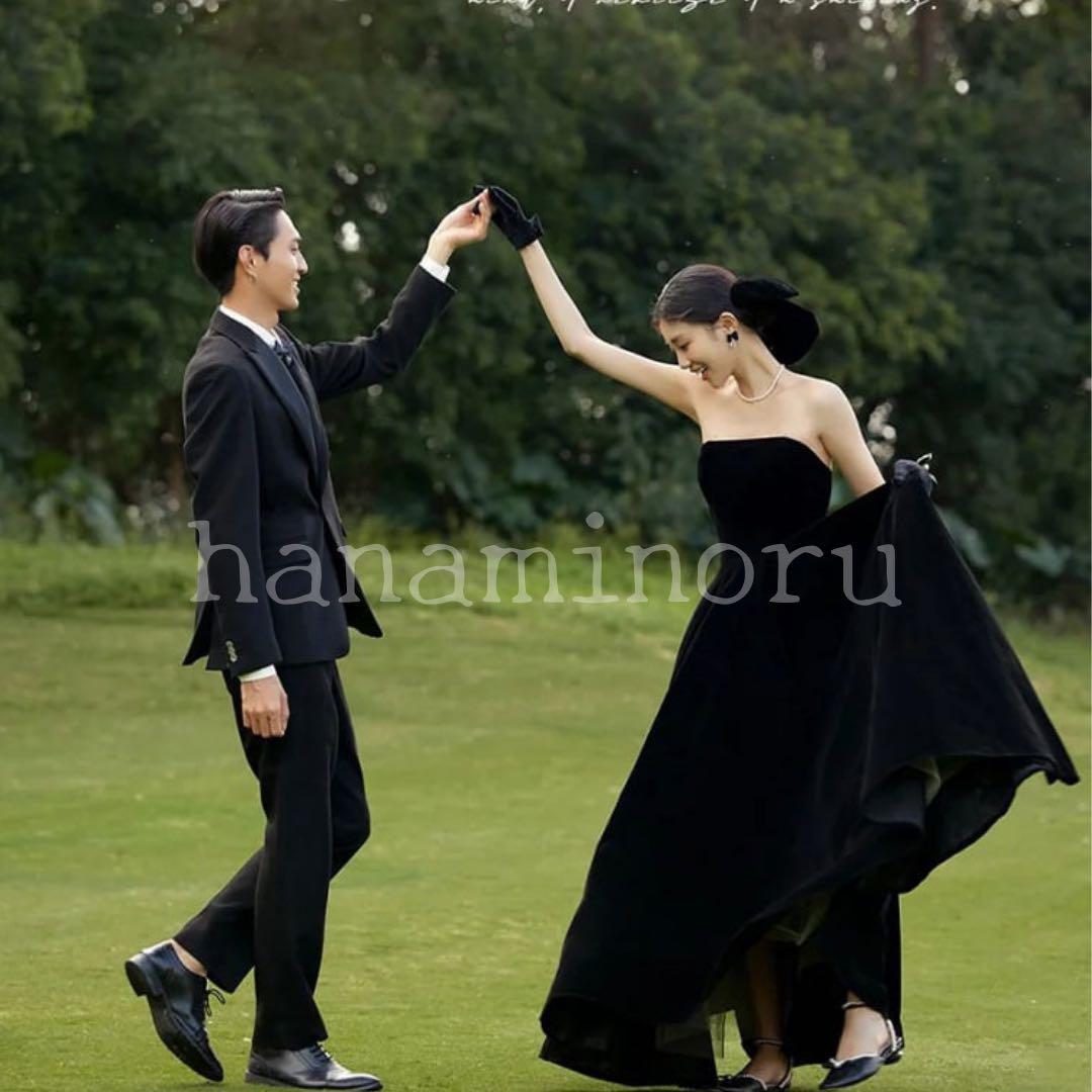 お色直し　披露宴　結婚式　前撮り　二次会　ドレス　ベロア　パーティー　黒 ベロア 黒 前撮り ドレス パーティー ウェディング フォト