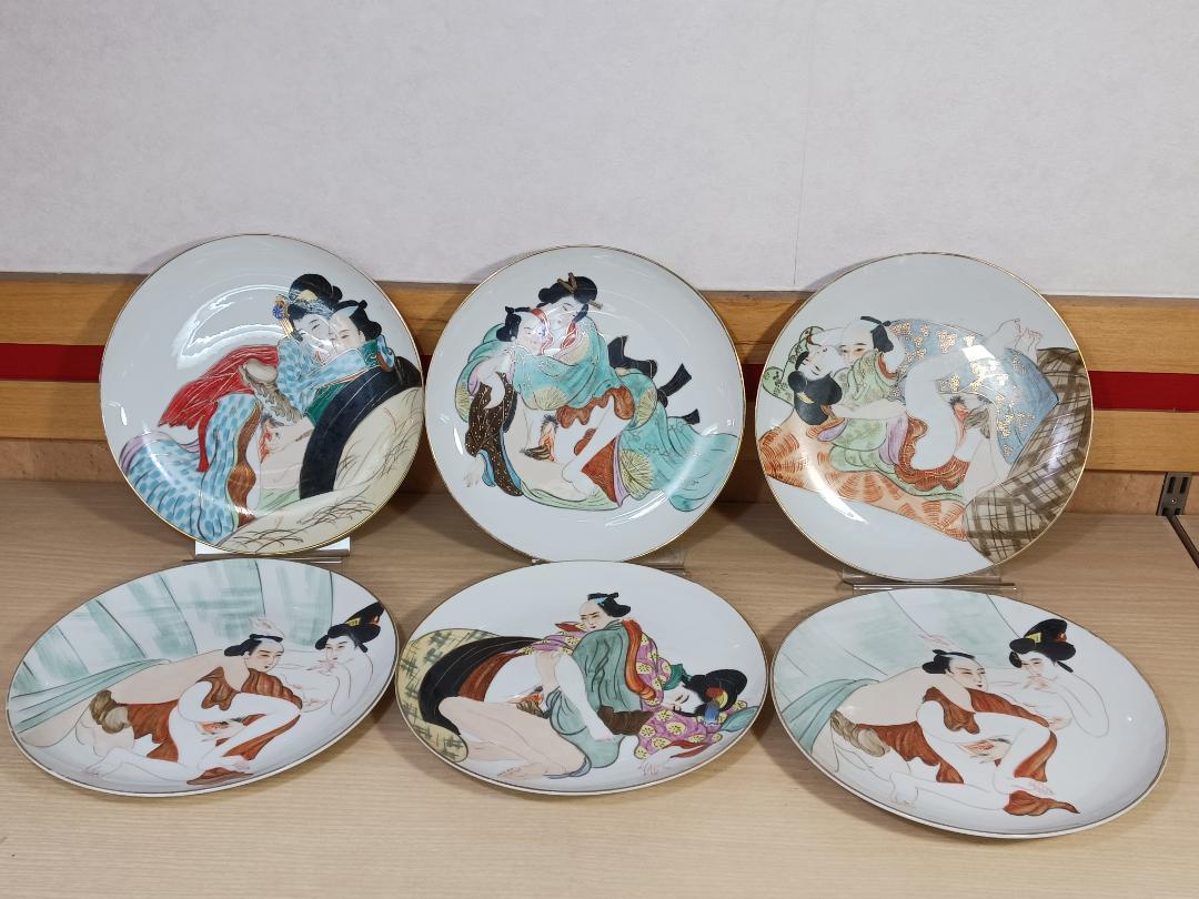 希少！ 昭和レトロ 春画 金縁 色絵 手描き 飾り皿 6枚セットA