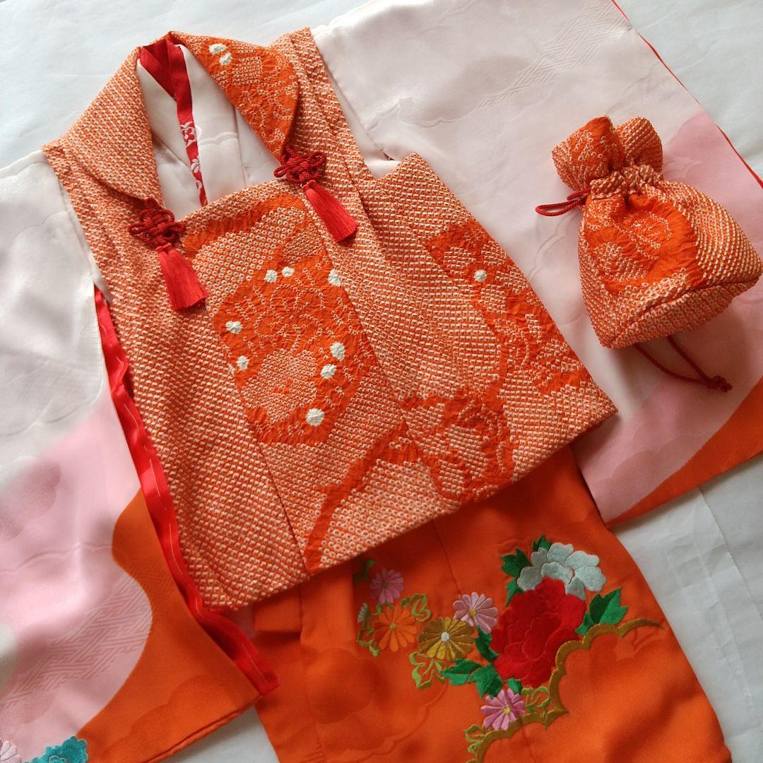3歳女の子正絹着物と正絹総絞り手縫い被布(巾着付き） （3歳