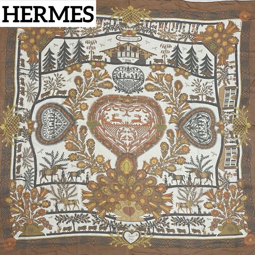 ☆HERMES☆ スカーフ シフォン カレ140 デコパージュ ブラウン