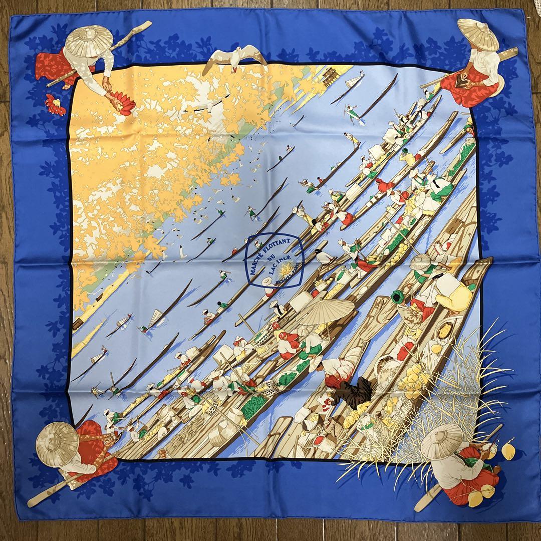 エルメス　スカーフ 90cm レア柄❣️ 「インレイ湖の水上マーケット」 HERMES - エルメス シルク カレ90 インレ湖の水上マーケット